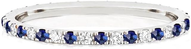 Round Cut Blue Sapphire & White Diamond Full Eternity Ring For Women, 14K Gold Plated 925 Silver September Birthstone Blue Sapphire Full Eternity Wedding Anniversary Matching Band