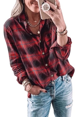 Imily Bela Bluse Damen Kariertes Longbluse Casual Langarmshirt Flanellhemd Karohemd Knöpfen Longsleeve Oberteile.Rot.XL