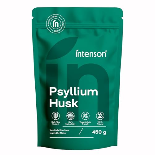 Intenson Cáscara de Psyllium, 450 g, Alto Contenido en Fibra, 100% Natural, Vegano y Apto para Dieta Keto, Sin Gluten, Sin Aditivos, Sin OGM