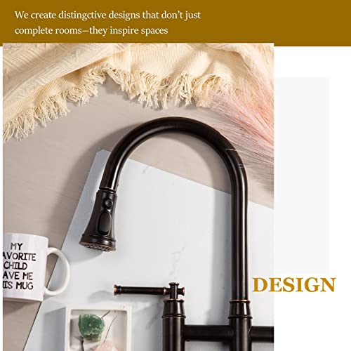 Oil Rubbed Bronze Bridge Kitchen Faucet With Pull Down Sprayer, Oakland Brass 2 Handle Kitchen Faucet 3 Hole Spot-Resistant Lead-Free, Ksk8239-Orb #TOP3