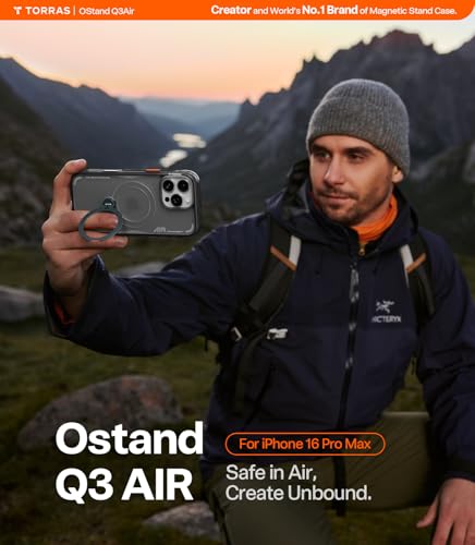 Image of TORRAS Ostand Q3 Air for iPhone 16 Pro Max Case with 360 Magnetic Stand, Fit for MagSafe, Military Grade Drop Tested, Camera Control Button, Shockproof Phone Case for iPhone 16 Pro Max 6.9 inch, Black