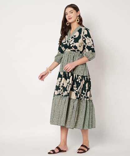 Image of PIDAVLIYA'S Women's Floral Summer Maxi Dress I Cotton Printed I One Piece Bodycon Midi Dress with V-Neck, Puffed Sleeves
