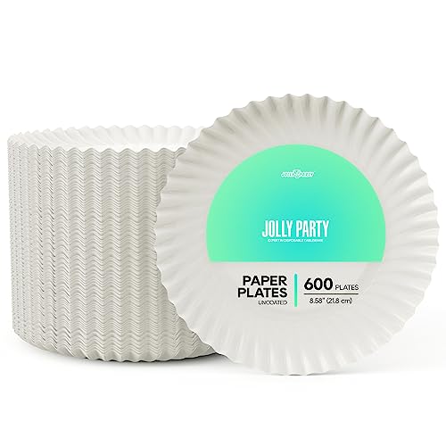 JOLLY PARTY 8.5 inch Paper Plates Uncoated,600 Count Everyday Disposable Plates, Light Weight Paper Plates White, Round Dinner Paper Plates, Large Paper Plates Lunch, for Home and Office