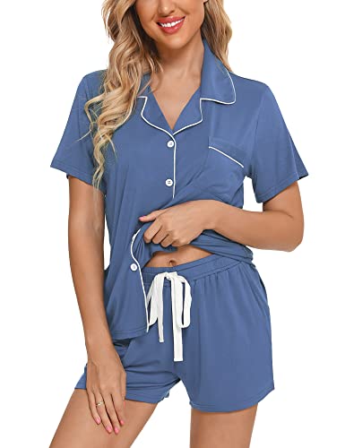 Womens Button Down Pajama Sets Bride Pajamas Sets Sleepwear Shorts Lounge Set Blue M #TOP1