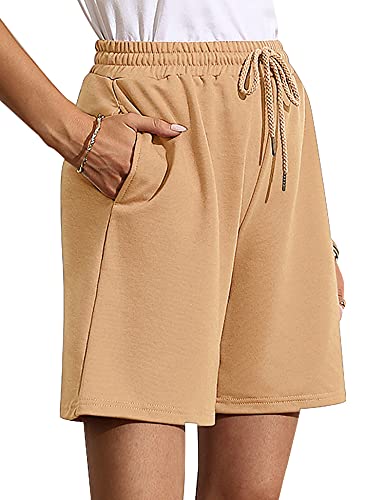 Quenteen Women Sports Shorts with Drawstring Waist Athetic Bermuda Shorts Sweat Bottoms Pale-Yellow Large