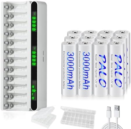 Visión nocturna 8 Pack de 12 Pilas AA 3000 mAh con Cargador, USB Type-C 5v2A Pantal...