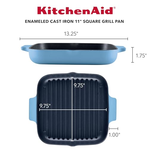 Image of KitchenAid Enameled Cast Iron Square Grill and Roasting Pan, 11 Inch - Blue Velvet
