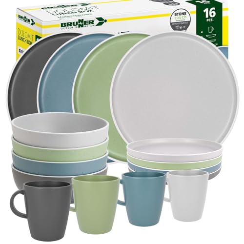 BRUNNER: Melamin Geschirr-Set Camping | 16-Teilig - Teller & Kaffe-Becher für 2-4 Personen | DOLOMIT Lunch Box - Stapelbar, Kratzfest