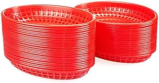 Lawei 50 Pack Oval Food Basket Plastic Fast Food Diner Basket for Chip Fries Burgers Sandwiches Picnics BBQ Party, Red