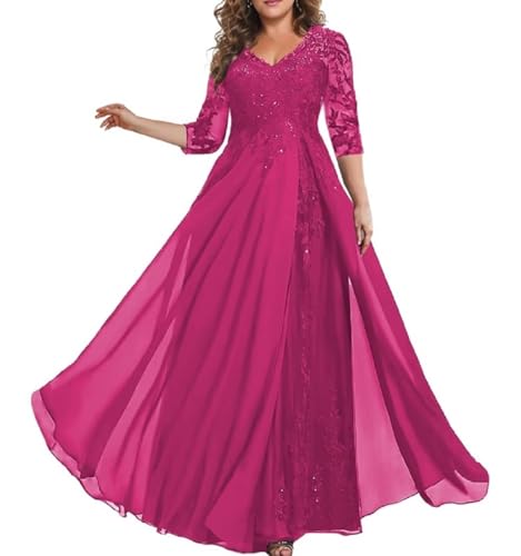 Womens-Chiffon-Mother-of-The-Bride-Dresses-Long-Sleeves-Lace-V-Neck-Evening-Gown-for-Wedding-Fuchsia-US-10