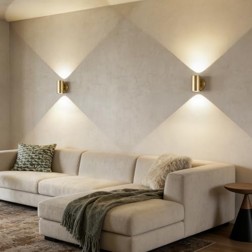 Image of Tubicen Indoor Wall Sconces Set of Two Gold Movie Theater Lights Hardwired | 7W Bright LED Dimmable Home Theater Wall Sconce Gold Cylinder Wall Lights for Living Room Hallway Stairs TV Movie Room