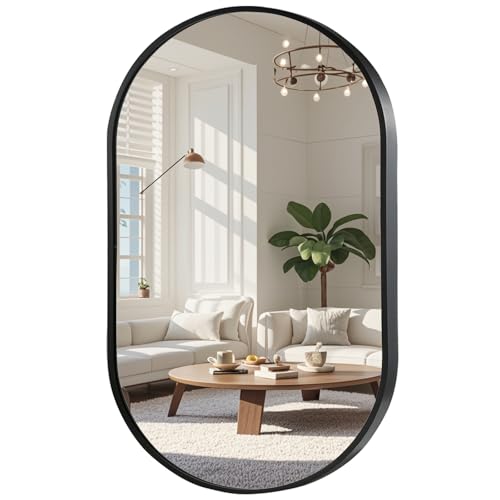 FARMER Oval Mirror Black, 24"x36" Oval Bathroom Mirror, Metal Frame