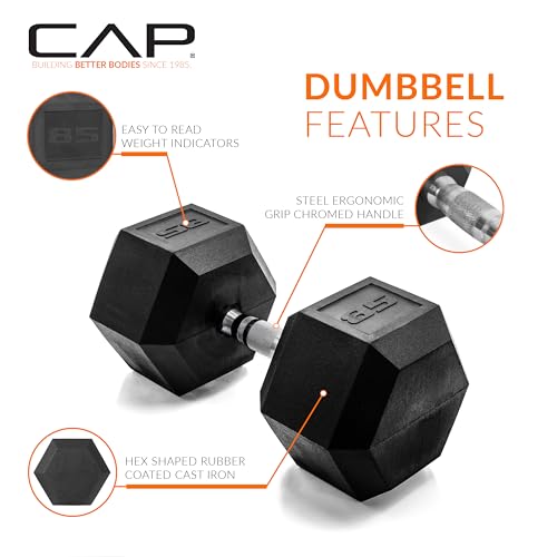 Image of CAP Rubber Coated Dumbbell Weights, Free Weights for Home Gym Strength Training, Anti-Roll Hex Dumbbells with Black, Chrome & Comfort Grip Handles, Singles