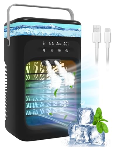 Portable Air Conditioner, 2025 Upgrade Evaporative Mini Portable AC Unit with 3 Adjustable Speed 2-4H Timer & 7-Color LED, Compact Cooling Fan for Bedroom, Home, Office, Small Rooms