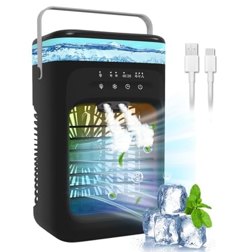 Mini Air Conditioner with 1000ML Tank, Portable Evaporative Air Cooler Fan – 3 Speeds, Timer, LED Light – Quiet Cooling AC Unit for Bedroom, Office, Home – Midnight Black