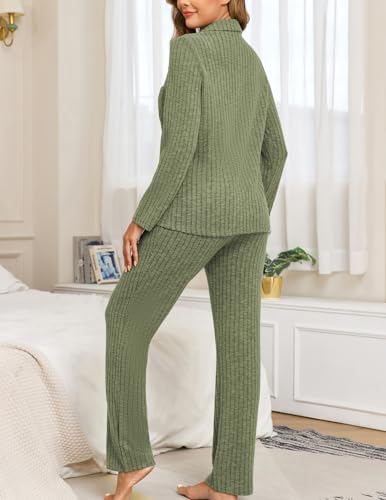 Image of Veseacky Women's Ribbed Knit Pajamas Set 2 Piece Warm Soft Loungewear Sleepwear Pjs S-XXL
