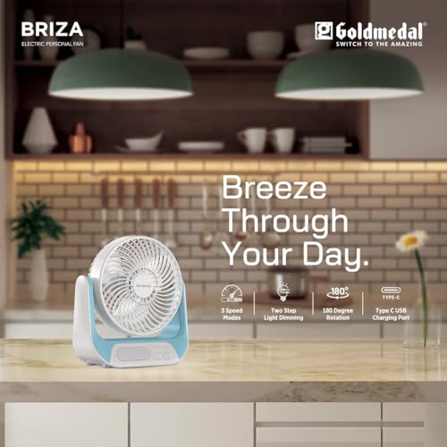 Image of Goldmedal Briza 150 mm Mini Portable Fan| Desk Mounted| Type-C USB-Powered Rechargeable Battery with 8-9 Hours Backup| 2-Light Brightness Dimming| Personal Fan for Home & Office (White-Blue)