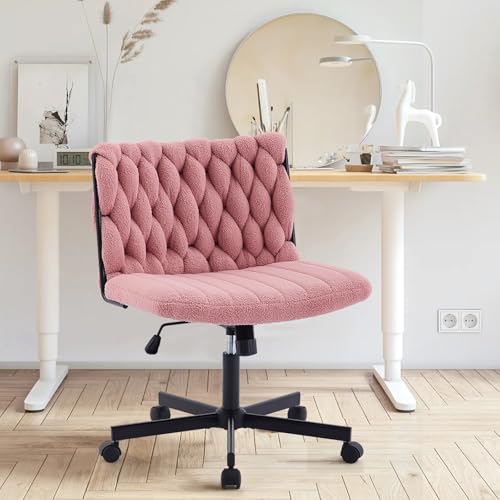 GarveeHome Criss Cross Chair with Wheels, Wide Seat Home Office Desk Chair, Armless Makeup Vanity Chair, Modern Cross Legged Swivel Comfy Chair, Computer Task Chair for Home Office, Pink