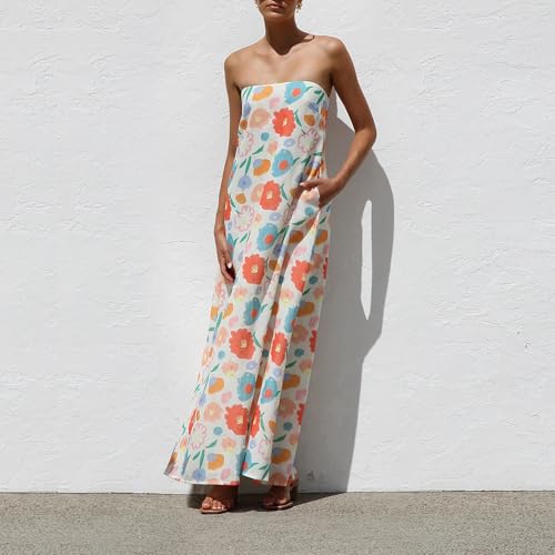 Image of Women Y2k Strapless Maxi Dress Summer Backless Floral Long Tube Dress Off Shoulder Cocktail Party Dress