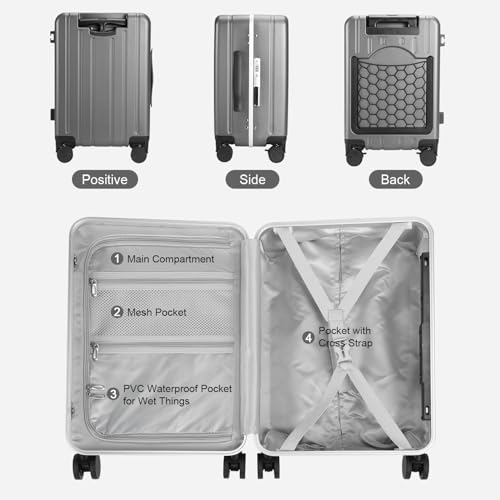 MRPLUM Carry On Luggage Double Handle Suitcase with Net Pocket,Hard Shell Spinner Wheels Luggage with TSA Lock&Seat Belt,20 inch,Grey4