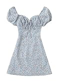Verdusa Women's Ditsy Floral V Neck Puff Short Sleeve Ruched Bust Mini Dress Light Blue S