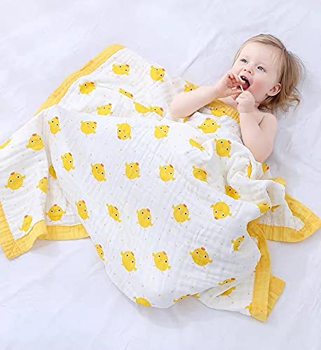 Image of Kassy Pop Printed 6 Layer Bamboo Muslin Blanket Cum Swaddling Towel for Baby, Toddlers | 70% Bamboo, 30% Cotton | AC Quilt, Multi-Purpose Blanket | Toxin Free | 110cm x 110cm (Yellow Duck Print)