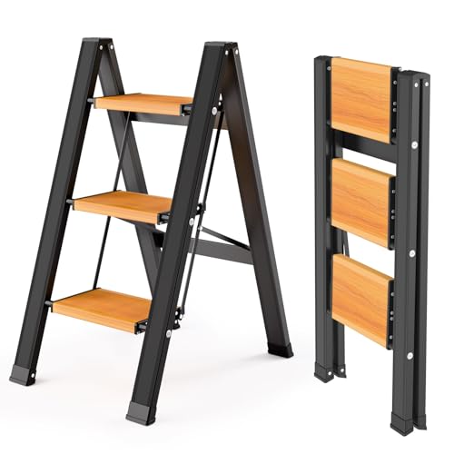 KULACO Escalera de Tijera Plegable de 3 peldaños, Escalera Plegable de Aluminio, Escalera Antideslizante para el hogar, Escalera de Tijera Ligera hasta 150 kg para el hogar, la Oficina, el Garaje