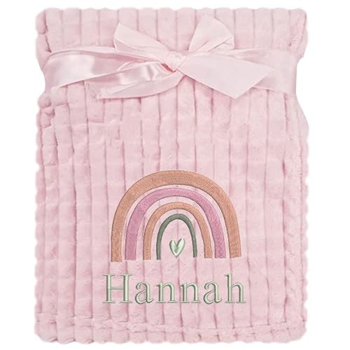 Personalised Baby Blanket Embroidered Rainbow & Name Soft Fleece Wrap (Pink Rainbow Pink Squares)