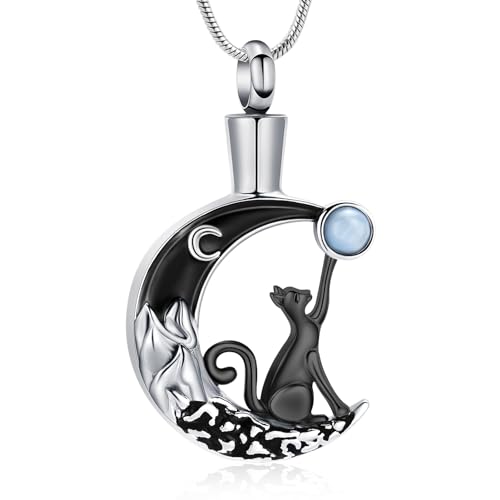 Hearbeingt Urn Necklace for Ashes for Women Men Moon Cat Cremation Jewelry for Ashes Pendant Memorial Necklace Gift(Black)