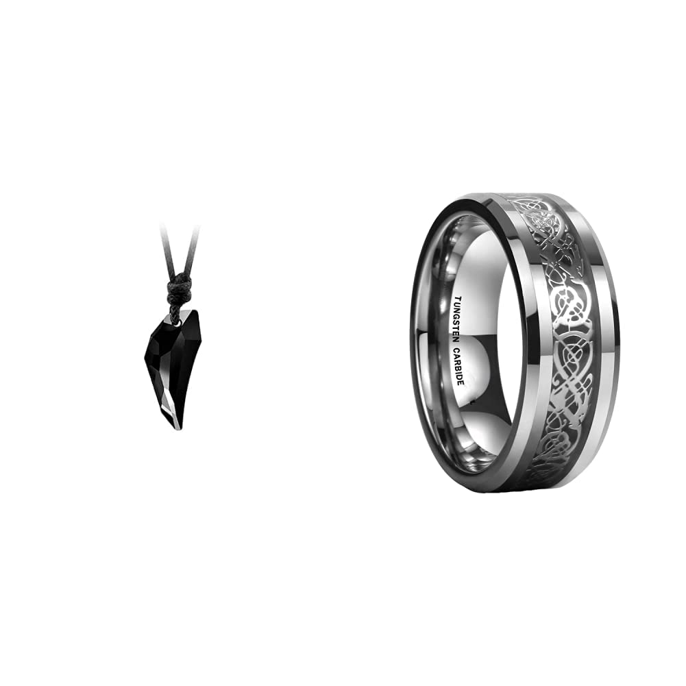 Wolf Tooth Crystal Adjustable Black Leather Rope Pendant for Men and Women and Yellow Chimes Dragon Celtic Inlay Polish Finish Titanium Steel Ring for Men & Boys (Silver Base)-image-49