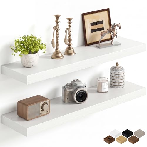 Image of Fun Memories 32Inch Floating Shelves for Wall, 8 Inch Deep Shelves for Bathroom|Bedroom|Kitchen Wall Mounted, Wood Hanging Shelf with Invisible Brackets for Home Storage Decor, White - 2 Pack