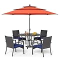 PHI VILLA 5 Pieces Outdoor Dining Set with Umbrella for 4, Round Metal Iron Dining Table & Wicker Chairs with Cushions & Large Red Umbrella, Morden Dining Furniture for Patio, Deck, Yard, Porch