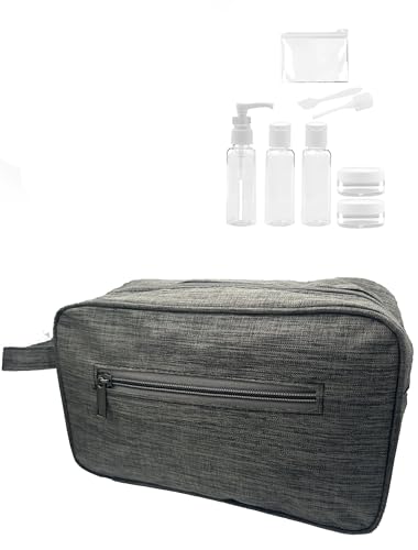 Neceser Hombre Grande Gris Bolsa de Viaje para Hombre y para Mujer, Bolsa de baño, Bolsa de Aseo Grande, Pack con Botellas de Viaje, Botes Viaje rellenables. 100 ml. 26cm x 16cm x 8cm.