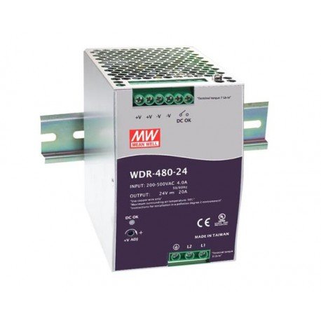 MEAN WELL WDR-480-24 0~20AMP, 180-550VAC, 24 V DC, 47~63HZ, 480-WATT, DIN Rail, Power Supply, Switch Mode, W/OVERVOLTAGE and Short Circuit Protection, WDR-480 Series