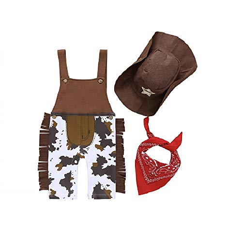 Toddler Baby Boy Romper Western Cowboy Costume Bib Overall Neckerchief Scarf Hat Clothes Set 3 PCS (Brown,3-6 Months)