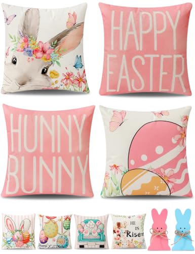 multiwins 8-Sided Easter Pillow Covers Set of 4 with 2 Wooden Bunny Decorations, 18 x...