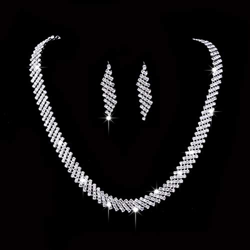 Unicra Bride Silver Necklace Earrings Set Crystal Bridal Wedding Jewelry Sets Rhinestone Choker Necklace for Women and Girls(3 piece set - 2 earrings and 1 necklace) (Silver 4)