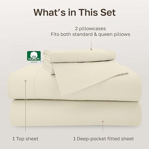 Image of California Design Den Queen Size Sheet Set - 100% Cotton, 500 Thread Count Sateen, Deep Pocket Bed Sheets with Fitted Elastic Sheet, Soft Luxury - Ivory (Creamy Beige Tone)