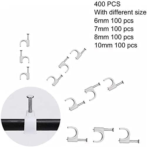 Round Cable Clips Assortment 6mm 7mm 8mm 10mm - Pack of 400, with Portable PP Box (White)