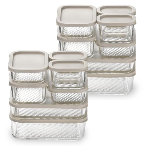EATEX 14 Pack Glass Meal Prep Containers with Grooved Base, 14 Stackable BPA Free Glass Storage Containers with Lids for Lunch, Pantry, and Kitchen - Microwave, Dishwasher Freezer & Oven Safe - Cream