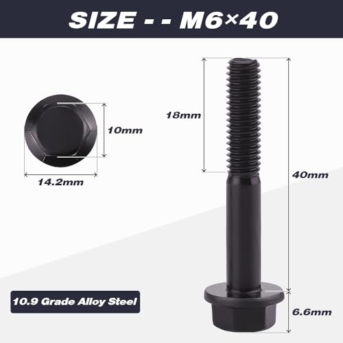 Image of M6-1.0 x 40mm (20 pcs) Flanged Hex Bolt Screws Black Oxide Finish, 10.9 Grade Alloy Steel, Large Flange Washer Head, DIN6921 /GB5789, Partial Thread