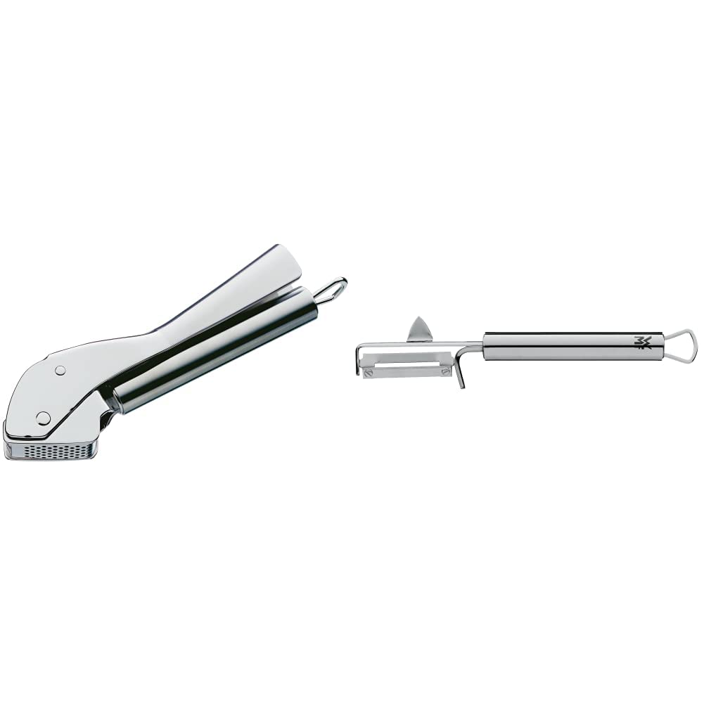 WMF Profi Plus Knoblauchpresse 17,5 cm, Cromargan Edelstahl teilmattiert & Profi Plus Kartoffelschäler Pendelklinge 19 cm, Pendelschäler einschneidig, Gemüseschäler