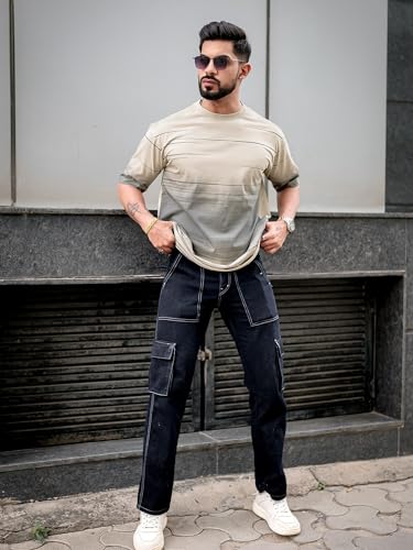 Image of Maniac Men Spray Print Round Neck 3 /4th Sleeve Beige and Grey Cotton Oversized T-Shirt