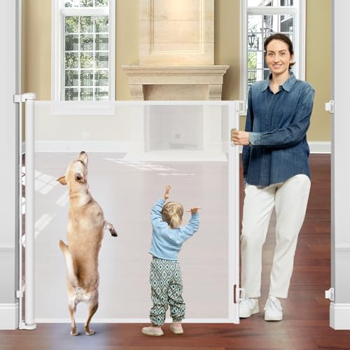 Image of 48" Extra Tall Baby Gates for Dogs Indoor Prevent Kid/Pet from Jumping Over Retractable 55" Wide Baby Gate for Stairs Extra Tall Pet Gate for Doorway Outdoor Dog Gates for Doorways Retractable, White