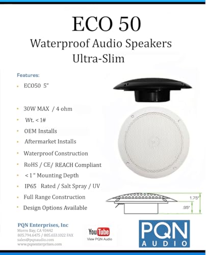 Image of PQN Audio Eco50-4BK 5 inch Ultra Slim Waterproof Marine Speaker for RV, Camper, Cabinet and Hot tub. Chemical and UV Resistant. Wall and Floor Mount Outdoor Speakers (Black)