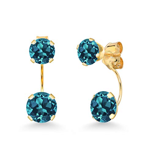 Gem Stone King 14K Yellow Gold London Blue Topaz Dual Drop 2 Stone Round Earrings for Women (3.60 Cttw, Gemstone Birthstone, Round 6MM and 5MM)
