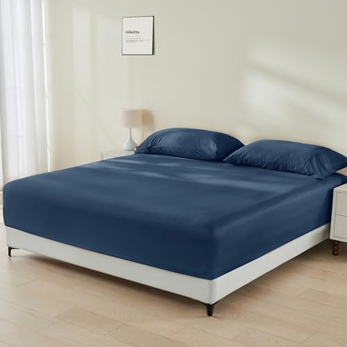 GOKOTTA Bamboo Rayon Fitted Sheet and Pillow Cases - Super Soft Cooling Sheet with 4 Elastic Corner Straps - 16" Pocket - King Size Set Stay Put for Mattress