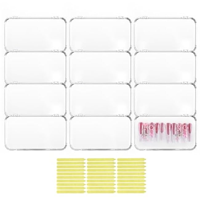 12Pcs Press On Nail Cases Large, 5.1¡±¡Á2.95¡± False Nail Packaging Cases with 30Pcs Adhesive Double Sided Tape, Plastic Clear Box for Fake Nails Storage