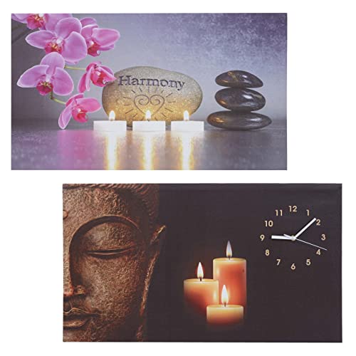 Décoshop26 Ensemble de 2 Tableaux LED Tableau Lumineux sur Toile Tableau Mural minuterie Bouddha/Harmonie Horloge Murale 70x40cm 04_0000454