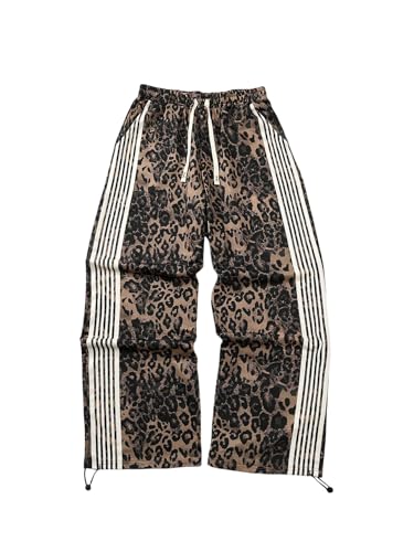 Men's Leopard Cheetah Print Baggy Pants Side Stripe Wide Leg Drawstring Long Pants